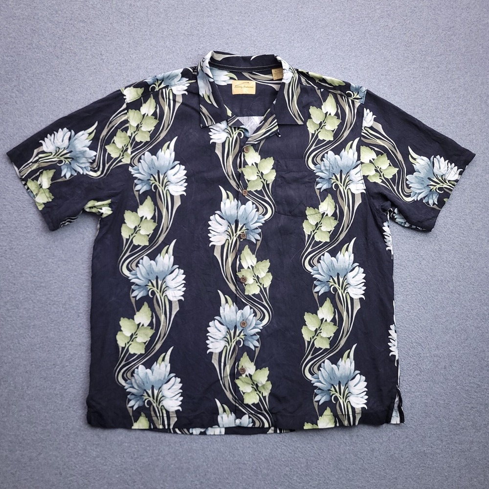 Tommy Bahama Silk Hawaiian Camp Shirt XL Black Floral Flower Mens